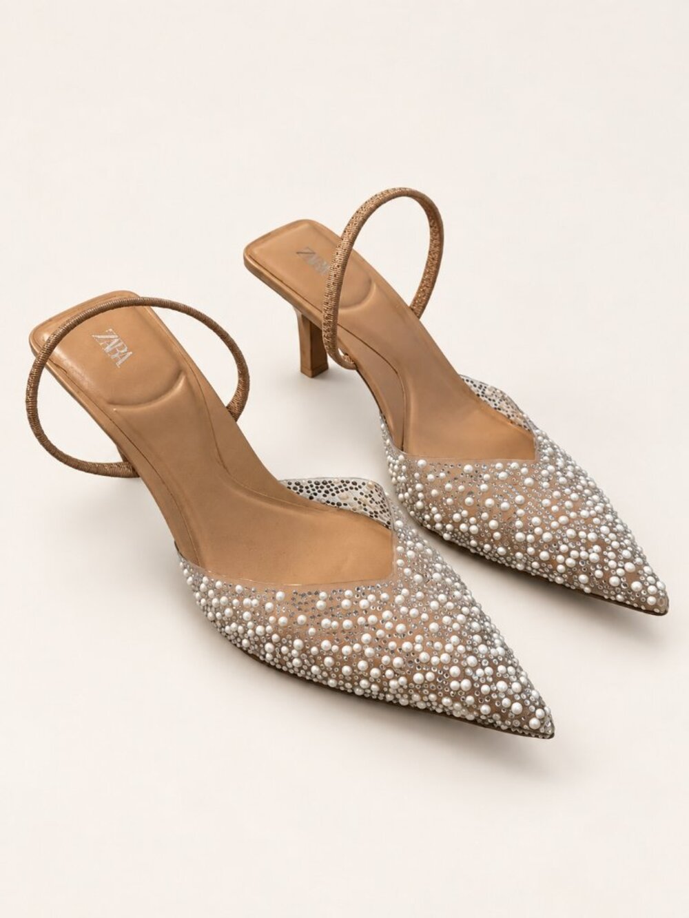ZARA | Tan Slingback Pointed Heels with Pearl Embellishment